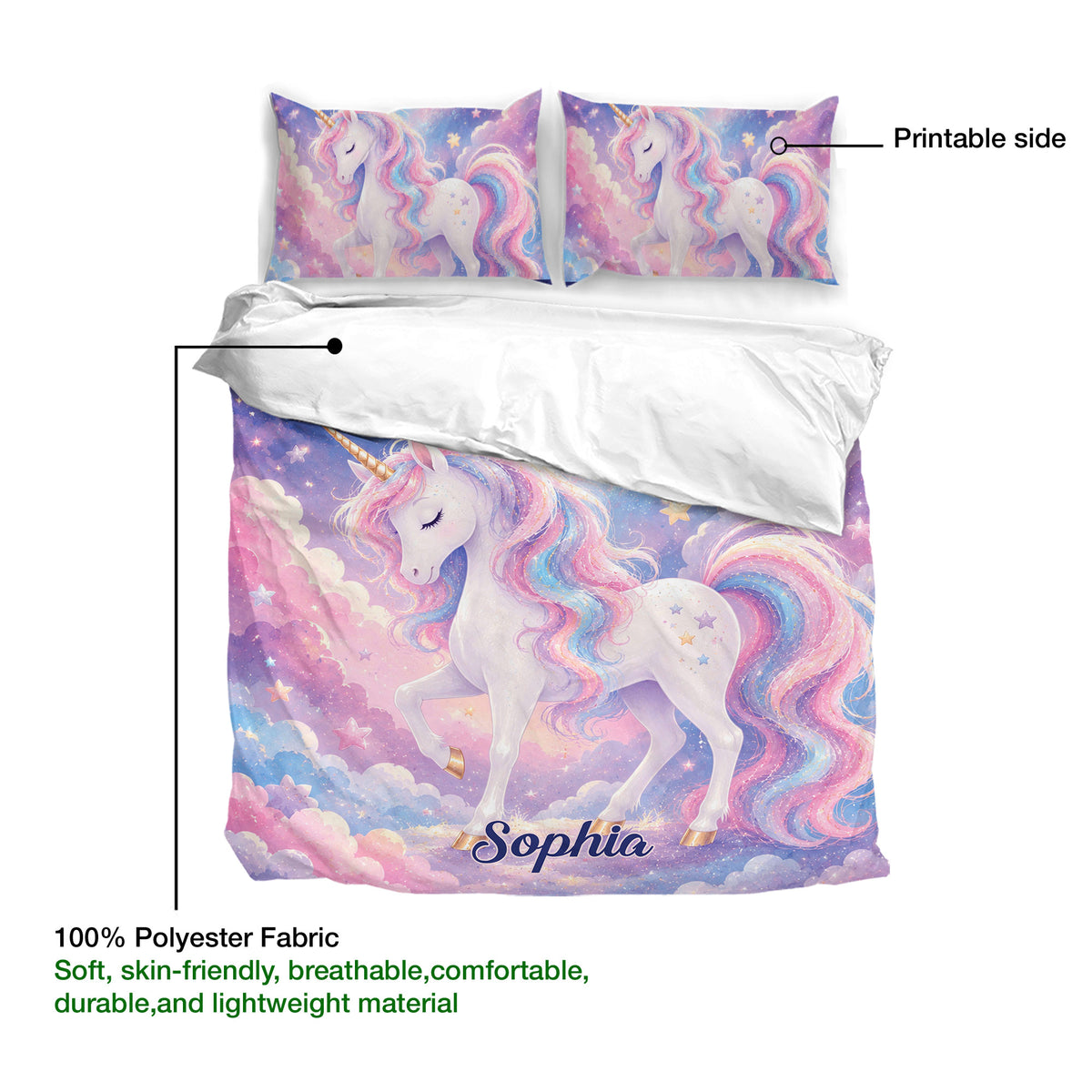 Unicorn duvet cover bedding set detail showing the printable side with colorful fantasy artwork