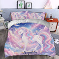 Pastel unicorn duvet cover styled in a bedroom with celestial stars, clouds, and rainbow artwork