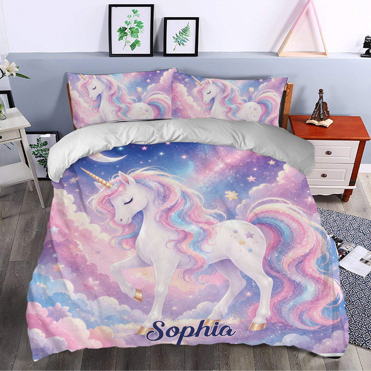 Pastel unicorn duvet cover styled in a bedroom with celestial stars, clouds, and rainbow artwork