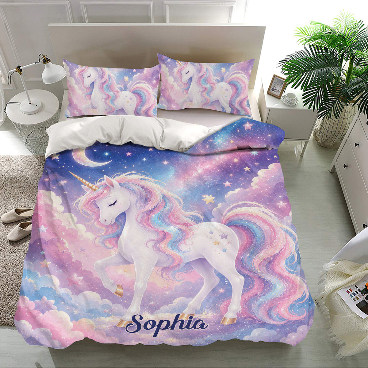 Unicorn bedding set displayed in a bright bedroom with matching pillowcases and dreamy galaxy design