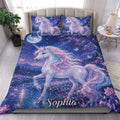 Unicorn duvet cover set featuring a glowing white unicorn in a starry purple fantasy forest bedroom