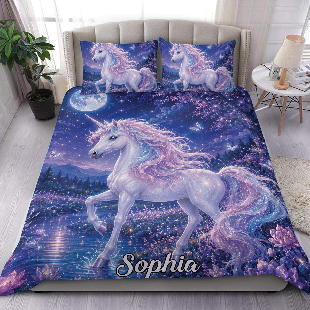 Unicorn duvet cover set featuring a glowing white unicorn in a starry purple fantasy forest bedroom