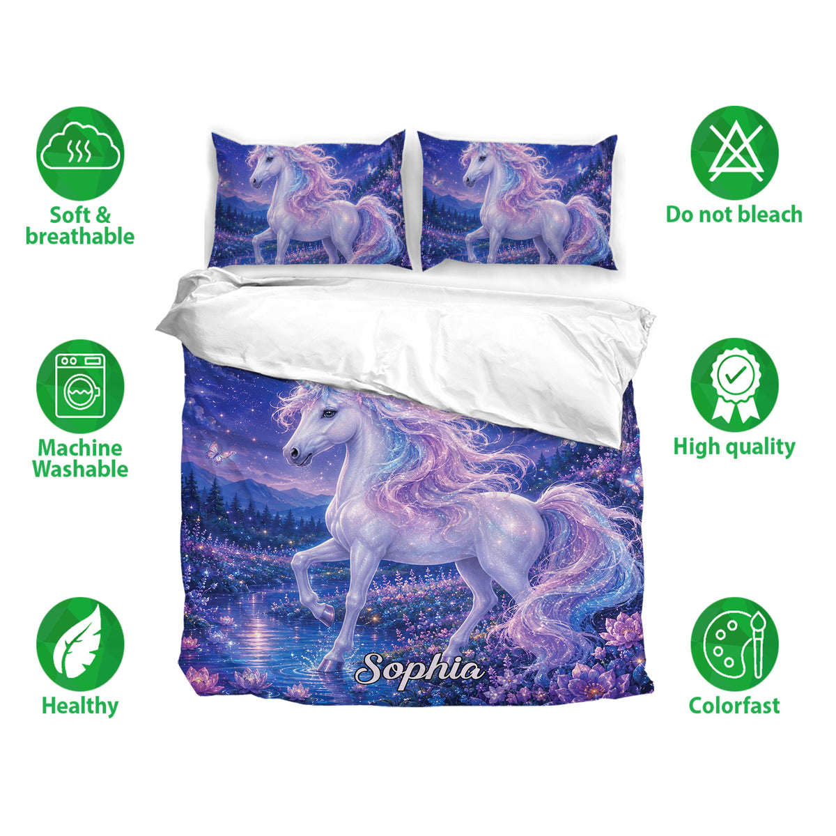Unicorn bedding set displayed with matching pillowcases and a dreamy midnight blue fantasy scene