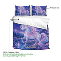 Unicorn duvet cover and pillowcases shown in a product layout with a magical woodland artwork