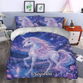 Fantasy unicorn duvet cover styled on a bedroom with a starry sky, flowers, butterflies, and moonlight