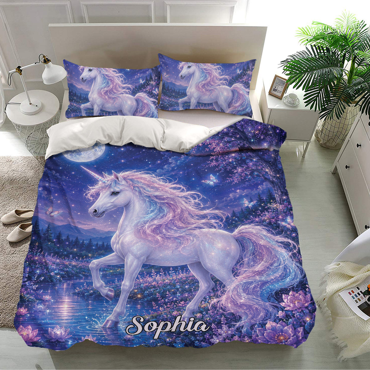 Purple unicorn bedding set presented in a bright bedroom with matching pillows and celestial artwork