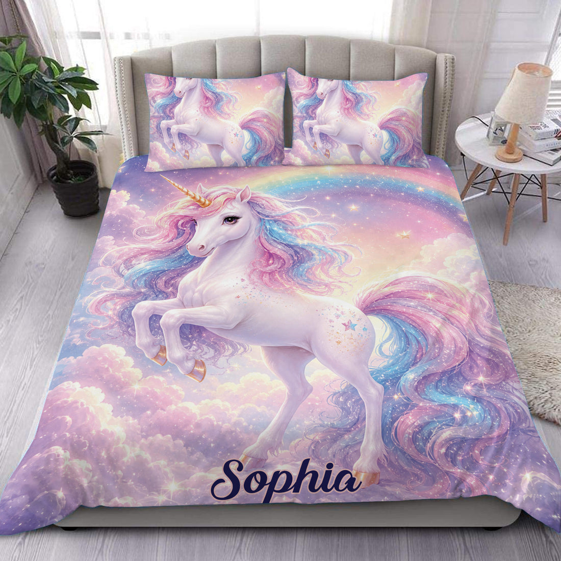 Pastel unicorn duvet cover set styled on a bed with rainbow manes, clouds, stars and dreamy bedroom decor