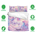 Unicorn bedding set with pastel rainbow artwork, matching pillowcases and soft breathable fabric icons
