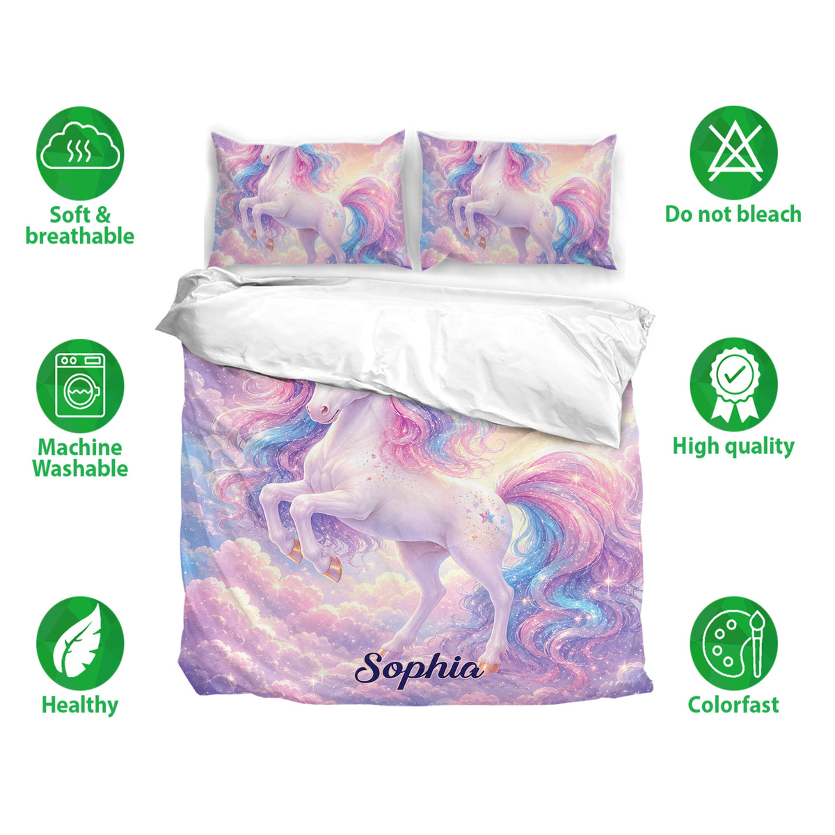 Unicorn bedding set with pastel rainbow artwork, matching pillowcases and soft breathable fabric icons