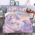 Dreamy unicorn duvet cover set displayed in a bedroom with pastel rainbow artwork and starry clouds