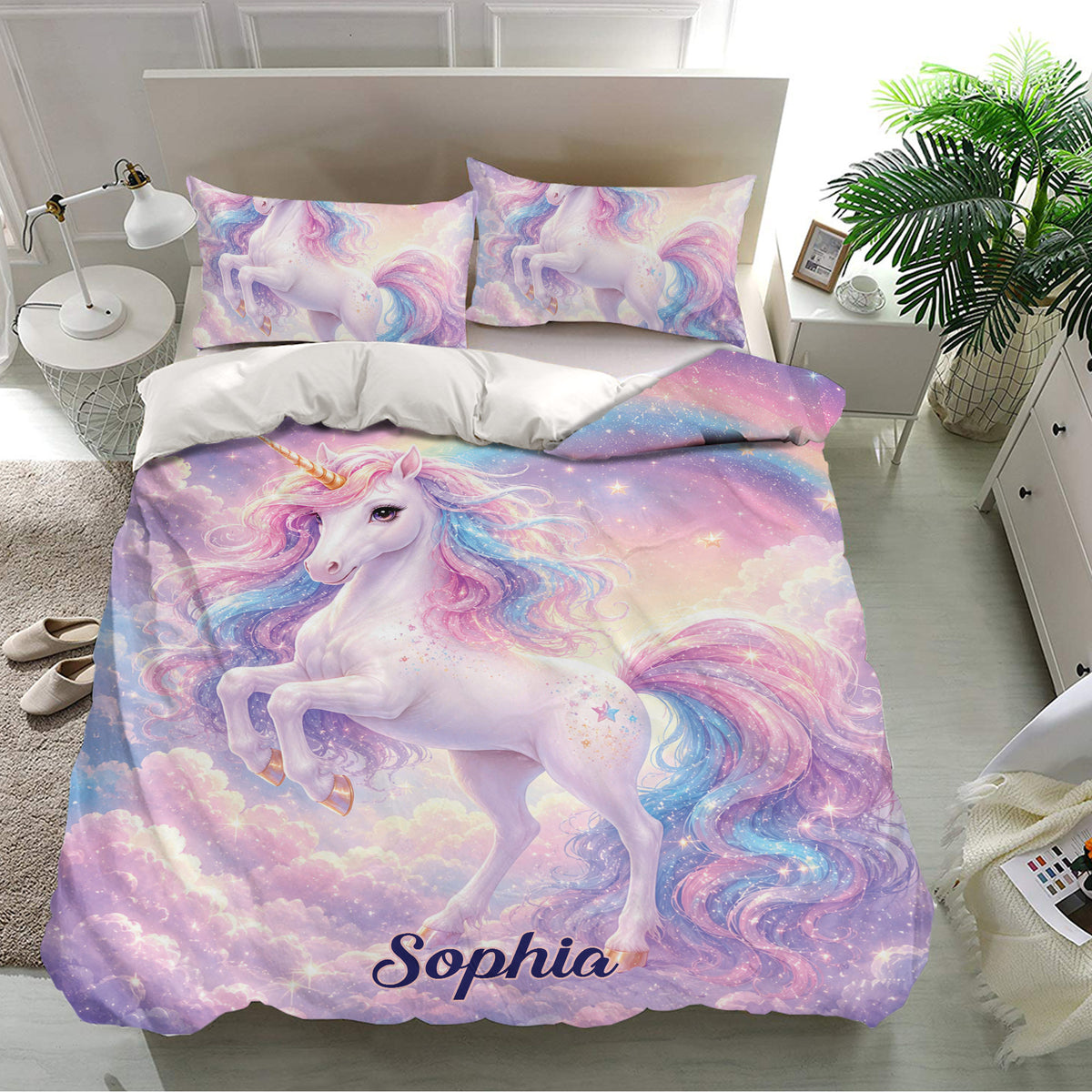 Pastel unicorn bedding set styled in a bright bedroom with matching pillowcases and rainbow fantasy artwork