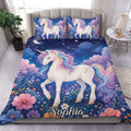 Unicorn duvet cover set with rainbow-maned horses, moonlit stars, and colorful flowers on a bedroom bed