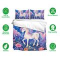 Floral unicorn bedding set displayed with matching pillowcases and soft, breathable fabric feature icons
