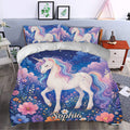 Dreamy unicorn duvet cover with pastel rainbow mane, flowers, stars, and blue fantasy bedroom decor