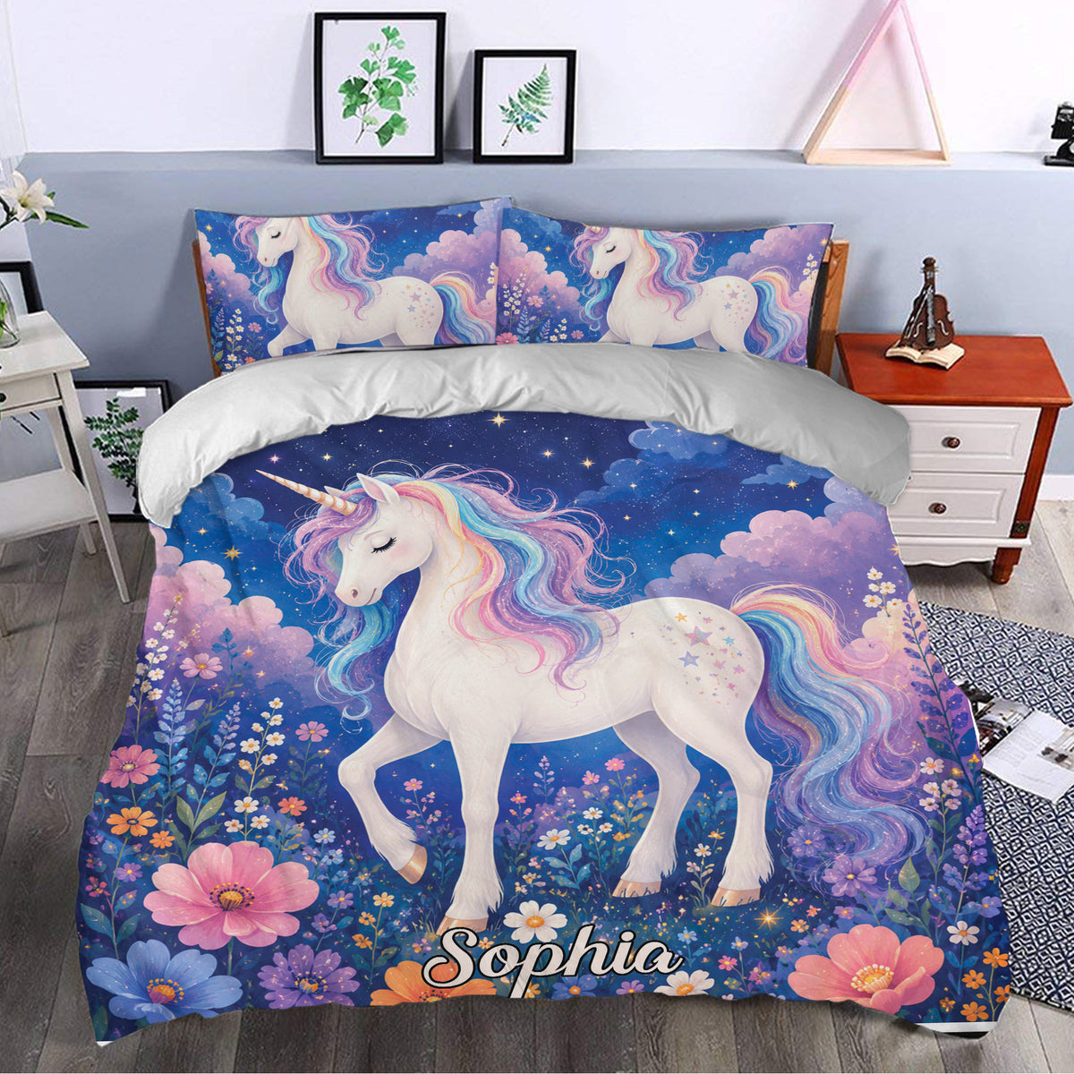 Dreamy unicorn duvet cover with pastel rainbow mane, flowers, stars, and blue fantasy bedroom decor