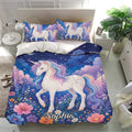 Colorful unicorn bedding set styled in a bright bedroom with floral artwork and matching pillowcases