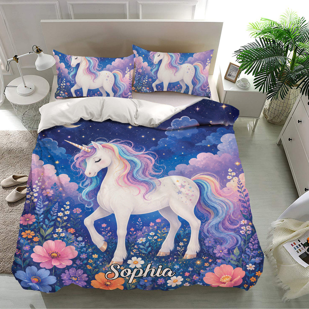 Colorful unicorn bedding set styled in a bright bedroom with floral artwork and matching pillowcases