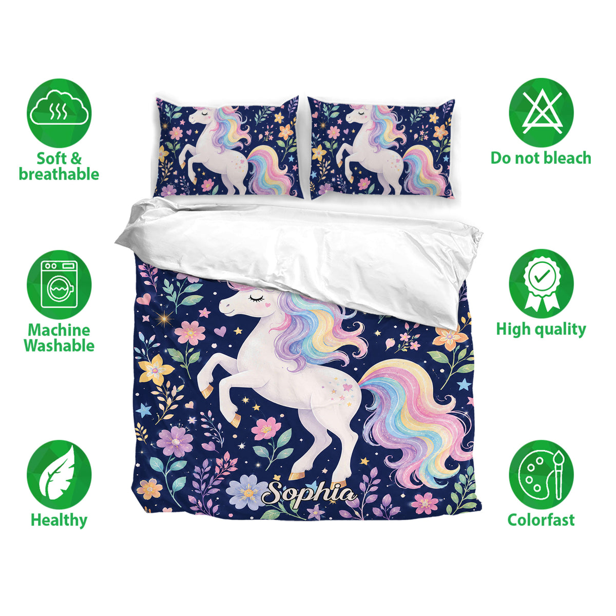Unicorn bedding set displayed with matching pillowcases and soft, breathable fabric feature icons