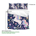Unicorn duvet cover bedding set showing the printed side, floral details, and lightweight polyester fabric