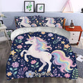 Fantasy unicorn duvet cover styled in a bedroom with pastel flowers, stars, and colorful rainbow details