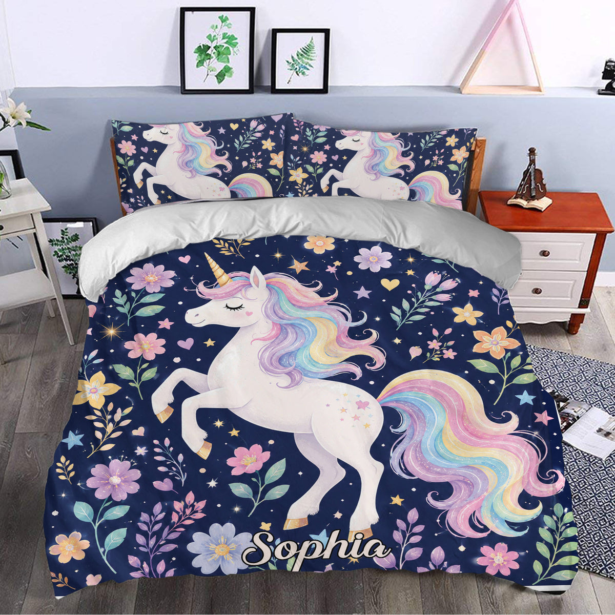 Fantasy unicorn duvet cover styled in a bedroom with pastel flowers, stars, and colorful rainbow details