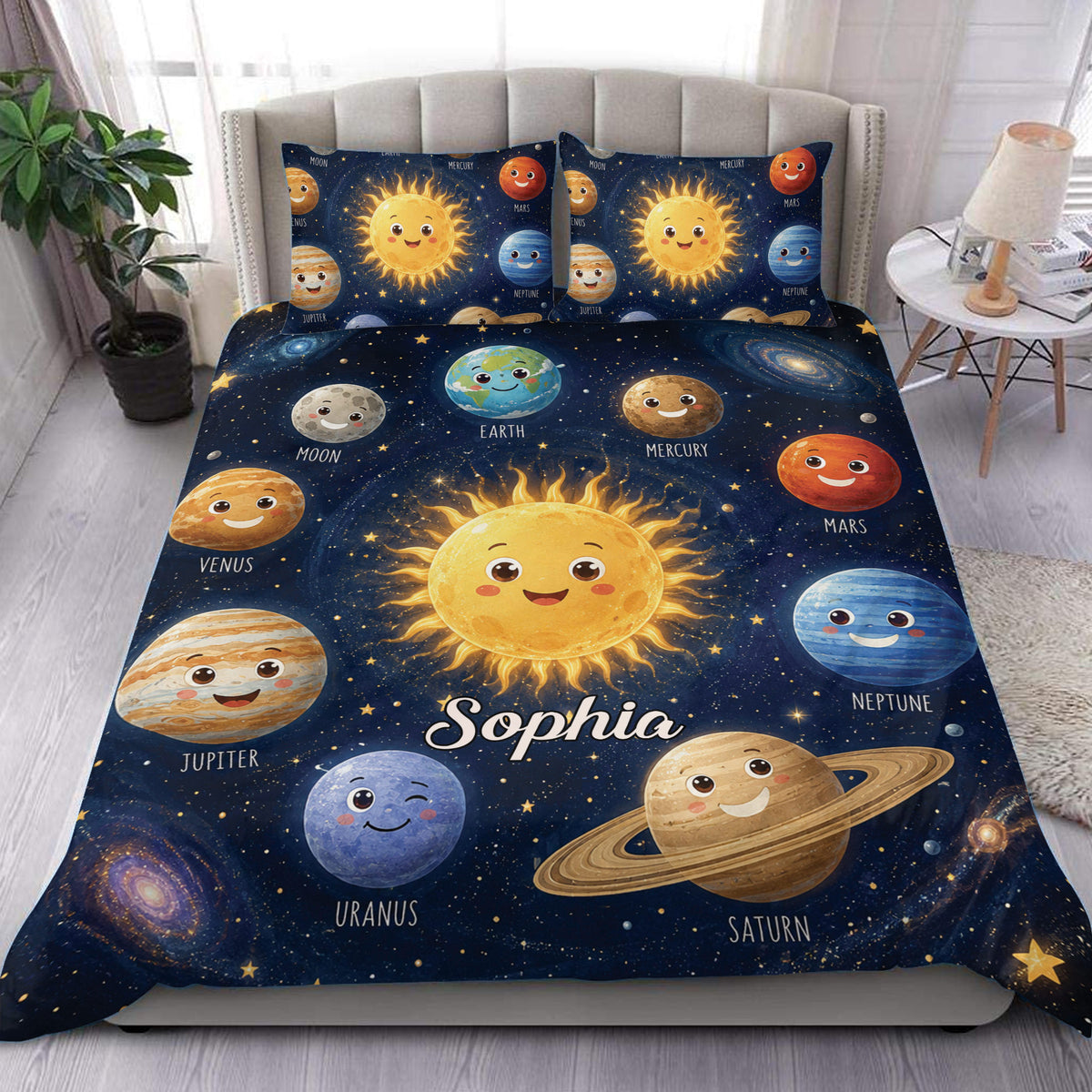 Custom name solar system duvet bedding set with smiling cartoon sun, Earth, Moon, Mercury, Venus, Mars, Jupiter, Saturn, Uranus and Neptune on a navy starry space background; matching pillowcases
