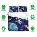 Astronaut bedding set with space-print duvet cover and matching pillowcases shown with soft breathable fabric features