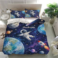 Space-themed astronaut bedding set displayed in a bright bedroom with matching pillowcases and colorful planet artwork