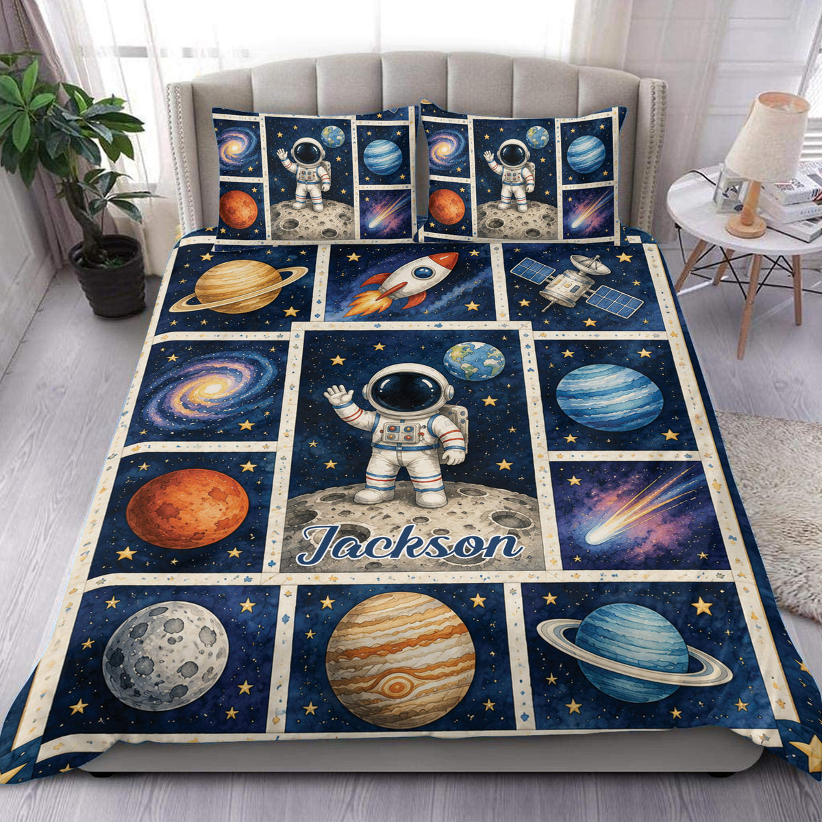 Astronaut duvet cover set displayed on a bed with planets, stars, galaxies, and moon scenes