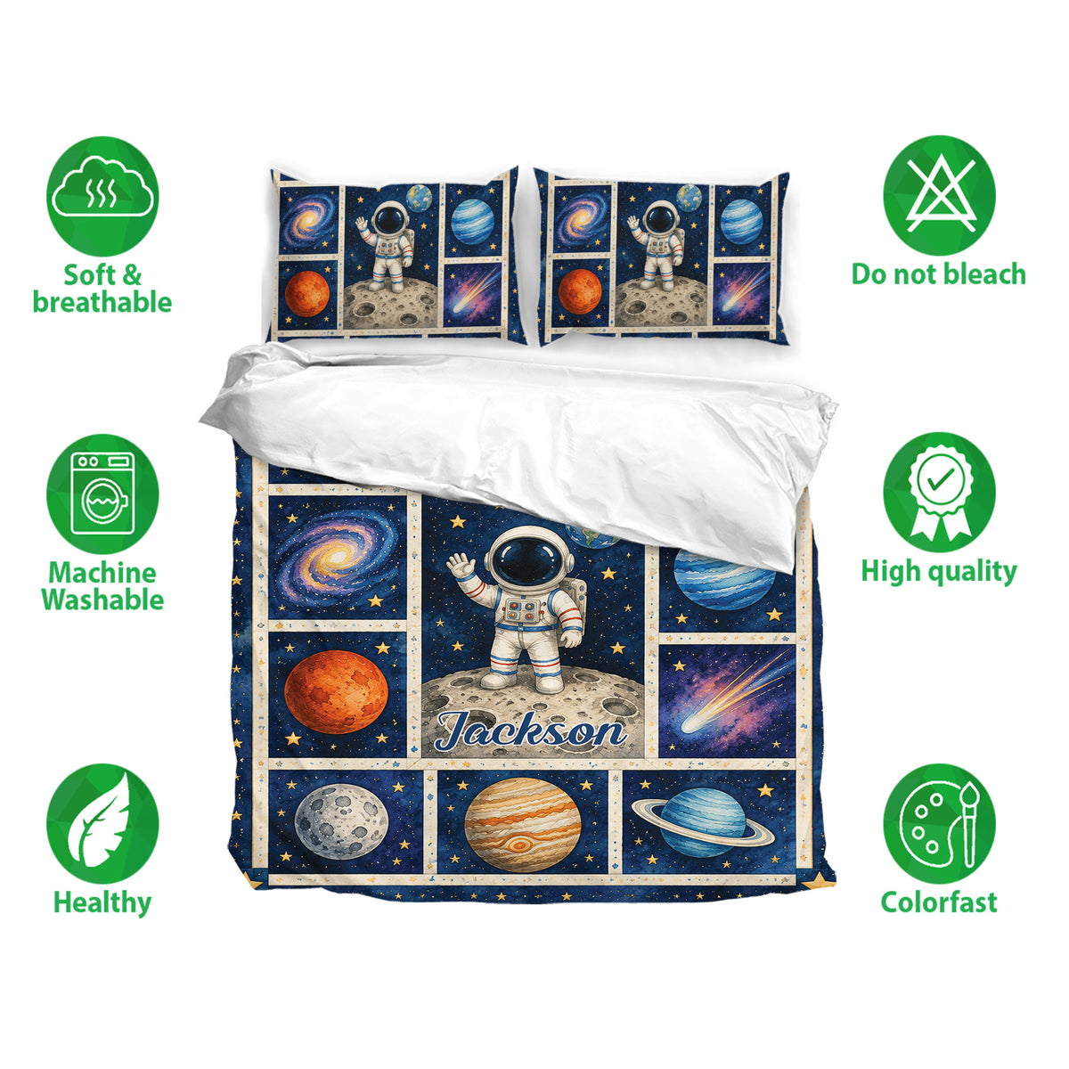 Astronaut bedding set shown with matching pillowcases and colorful space artwork