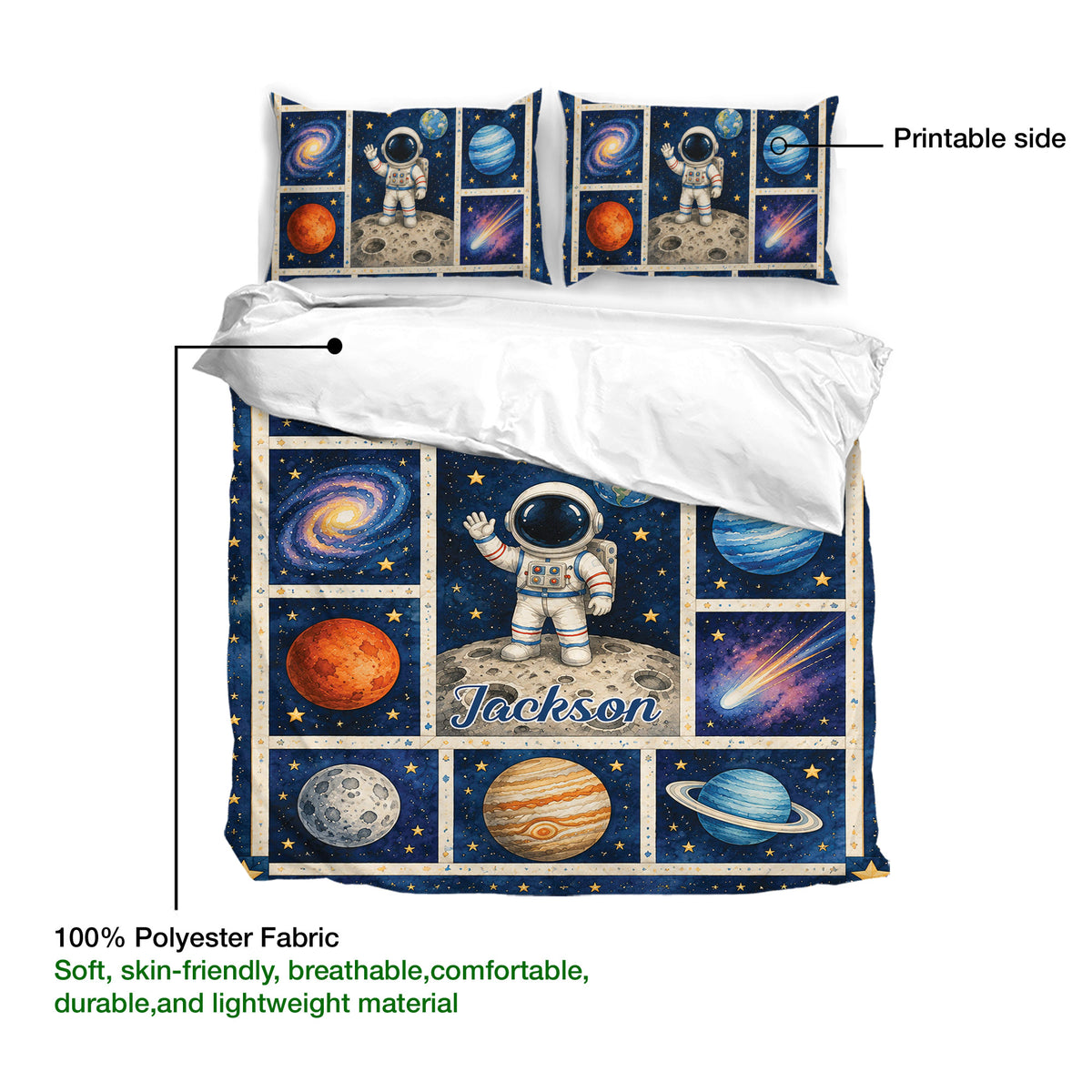 Astronaut duvet cover set detail showing the printed outer side with planets and lunar scenes