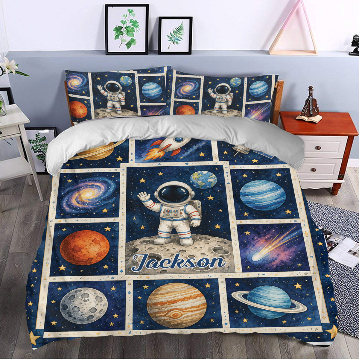 Astronaut duvet cover styling a bedroom with deep blue space artwork and colorful planets