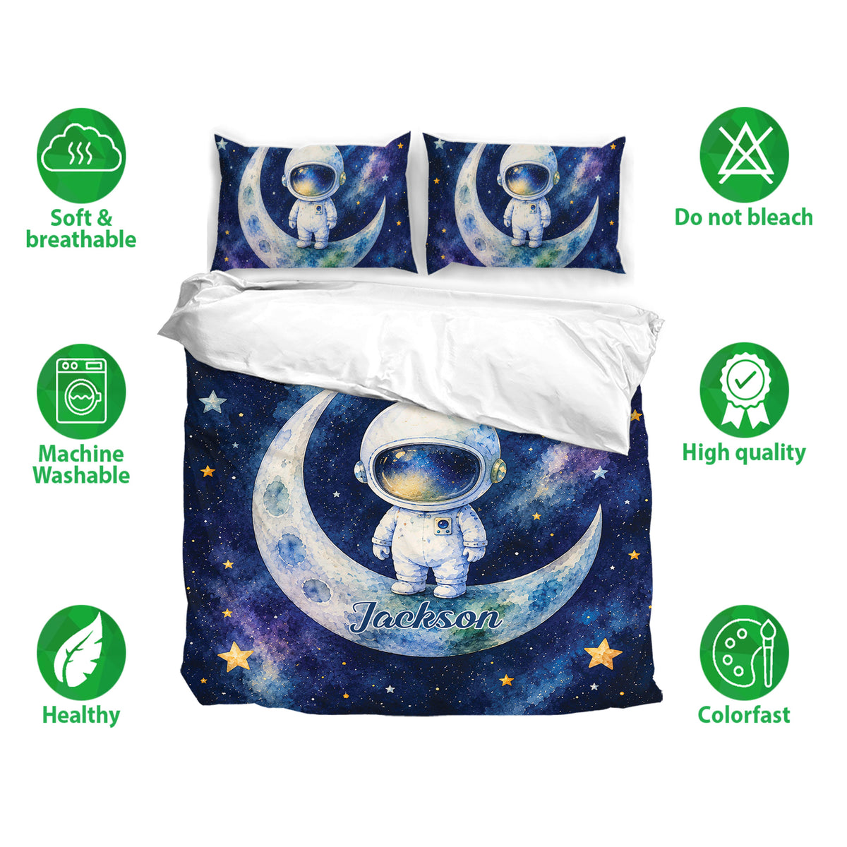 Astronaut bedding set with moon and galaxy artwork shown with soft breathable fabric and care feature icons