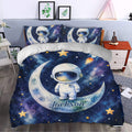 Astronaut duvet cover bedding set styled in a bedroom with moon, stars, and galaxy space artwork