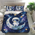 Astronaut bedding set displayed in a bright bedroom with matching moon scene pillowcases and galaxy design