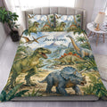 Dinosaur duvet cover set displayed on a bed with jungle scenery, volcanoes, waterfalls, and prehistoric creatures