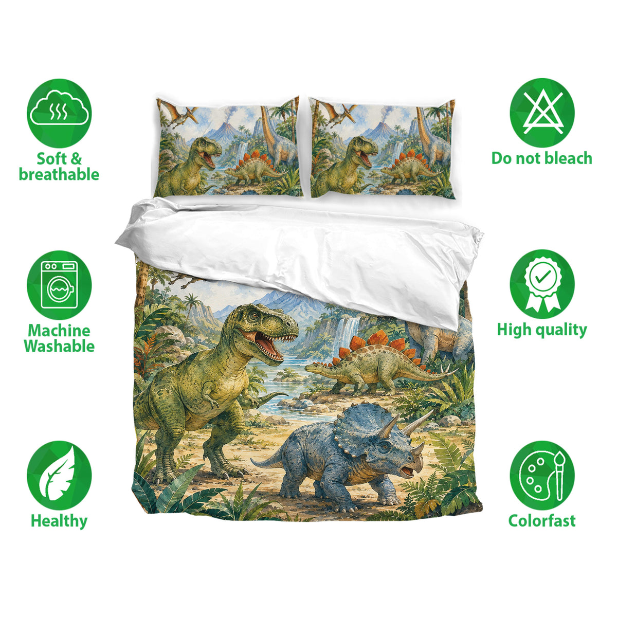 Dinosaur bedding set featuring a lush prehistoric landscape with colorful dinosaur artwork on the duvet cover