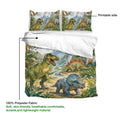 Dinosaur duvet cover set detail showing the printable side, tropical landscape artwork, and soft fabric design