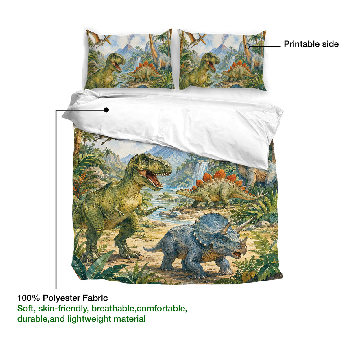 Dinosaur duvet cover set detail showing the printable side, tropical landscape artwork, and soft fabric design