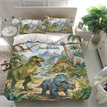 Dinosaur duvet cover bedding set styled in a bright bedroom with detailed jungle landscape artwork