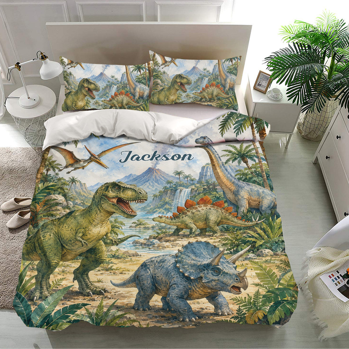 Dinosaur duvet cover bedding set styled in a bright bedroom with detailed jungle landscape artwork