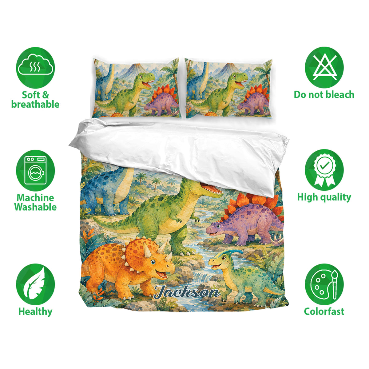 Dinosaur duvet cover set shown with matching pillowcases and soft, breathable bedding details