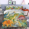 Dinosaur duvet cover bedding set styled in a bedroom with friendly prehistoric creatures and volcanoes