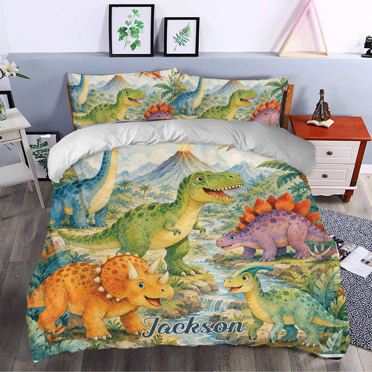 Dinosaur duvet cover bedding set styled in a bedroom with friendly prehistoric creatures and volcanoes