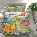 Colorful dinosaur bedding set displayed in a bright bedroom with jungle, mountain, and volcano artwork