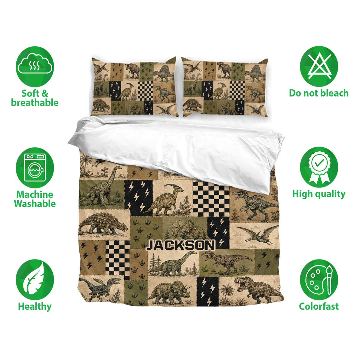 Dinosaur duvet cover set shown with matching pillowcases, breathable fabric icons, and earthy prehistoric artwork