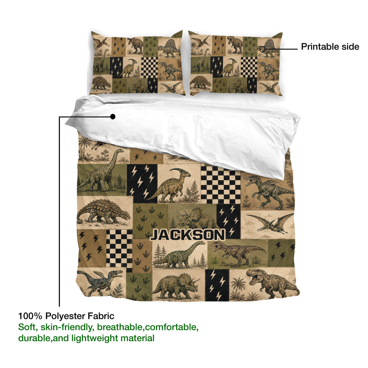 Dinosaur duvet cover bedding set shown with a printable outer side and soft white reverse fabric