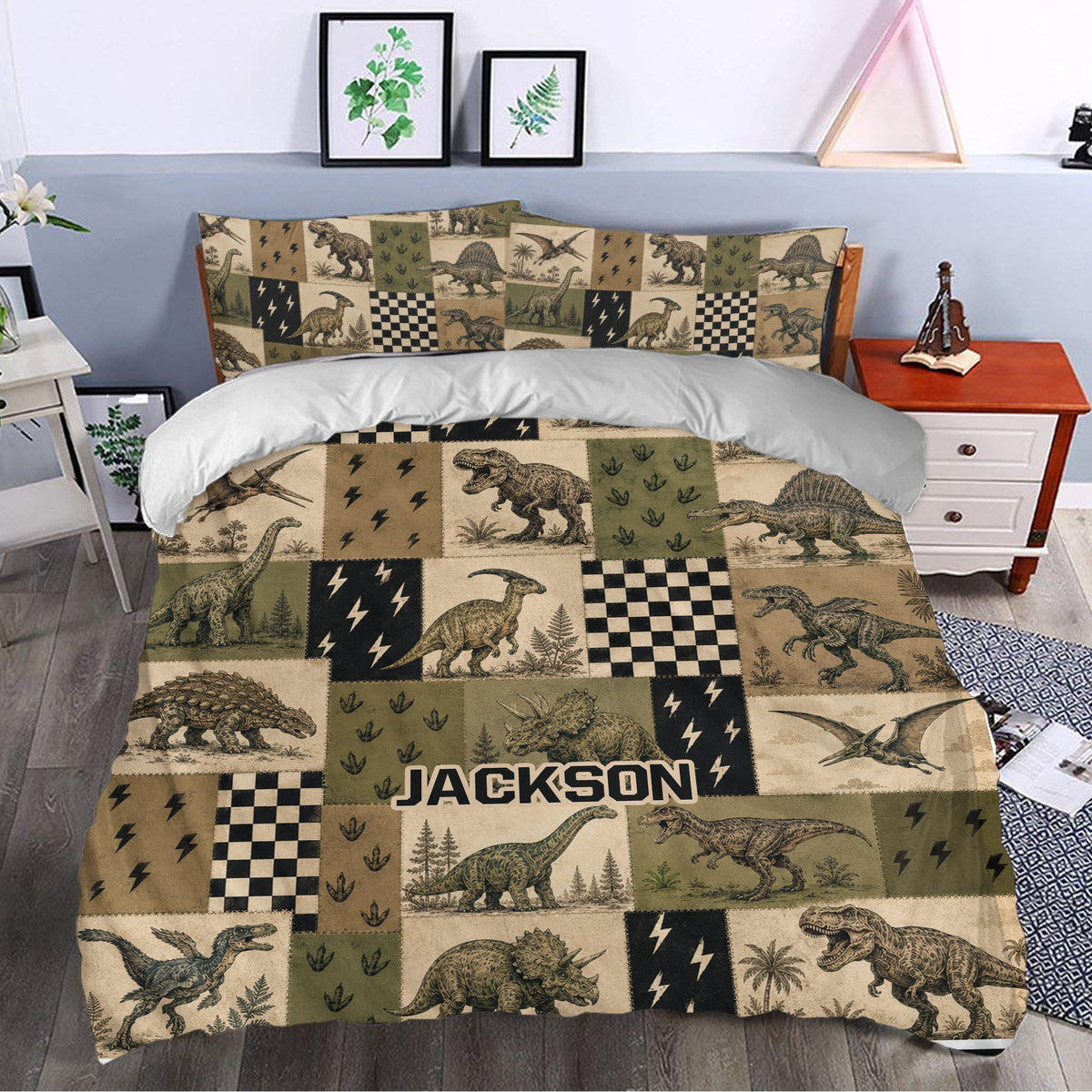 Dinosaur duvet cover styled in a bedroom with vintage patchwork artwork, prehistoric creatures, and checkerboard accents
