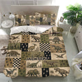 Dinosaur bedding set displayed in a bright bedroom with matching pillowcases and detailed olive and tan artwork