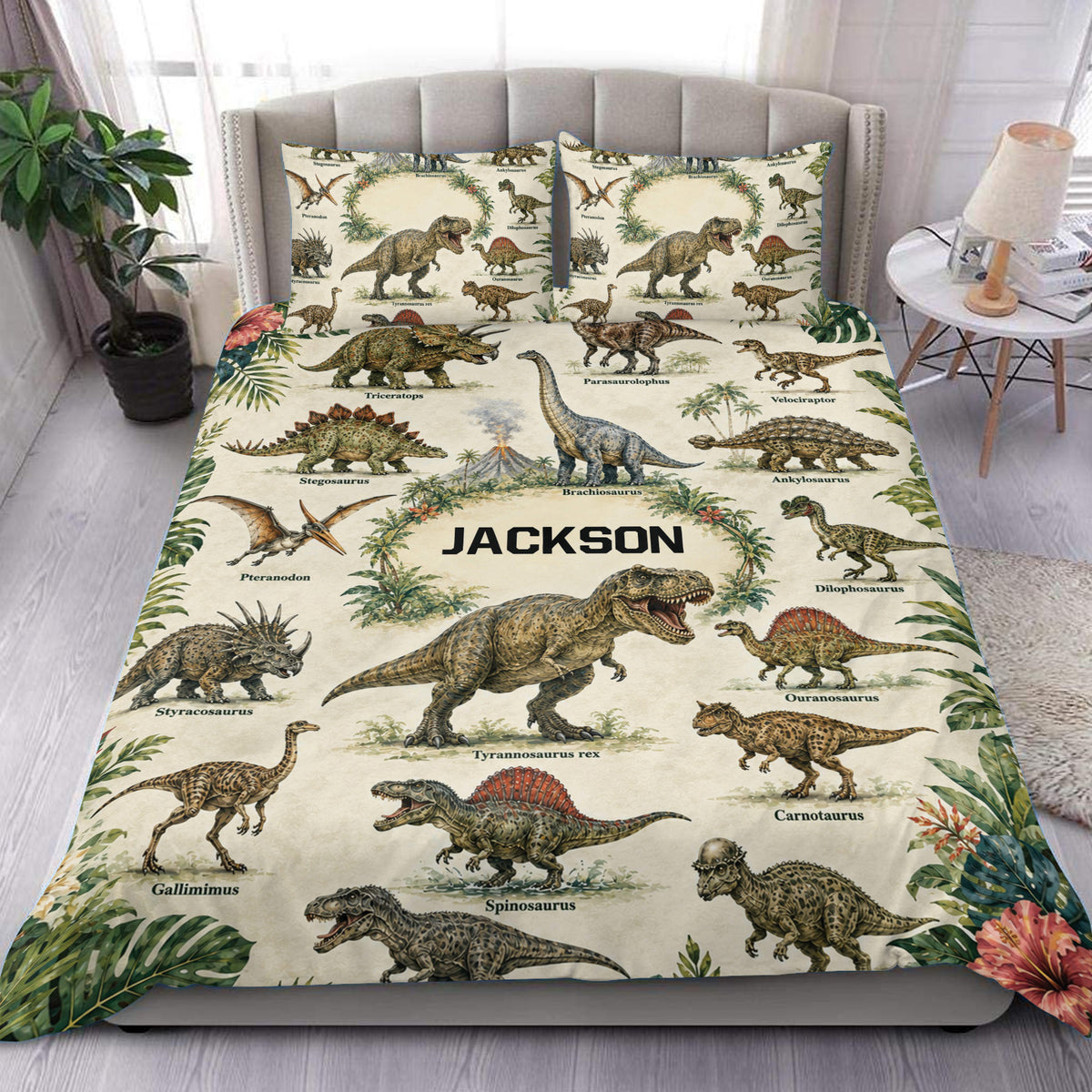Dinosaur duvet cover set styled on a bed with realistic prehistoric creatures and tropical foliage
